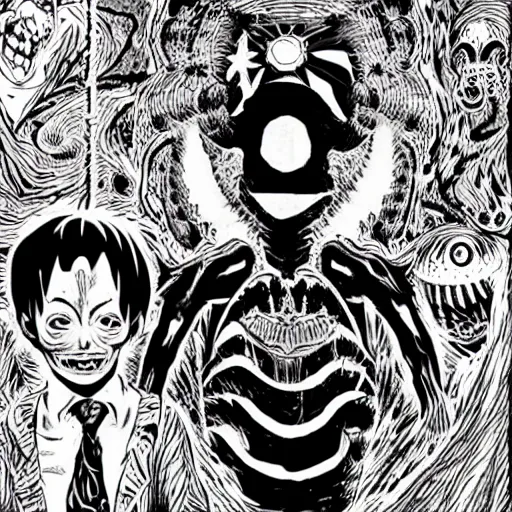 Image similar to dmt hallucinations, horror, darkness, junji ito