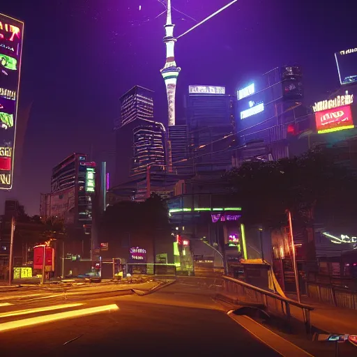Prompt: auckland city at night, cyberpunk 2 0 7 7 style