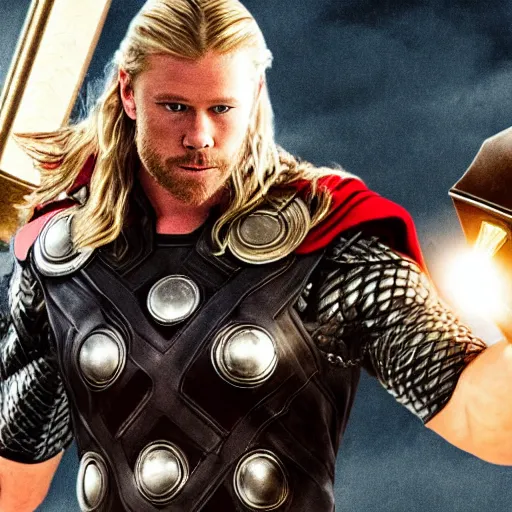 Image similar to thor holding stormbreaker and mjolnir