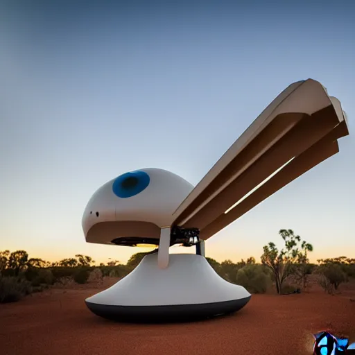 Image similar to flying robotic drone 3d printer, giant extrusion nozzle printing an earthship house frame in the australian desert, XF IQ4, 150MP, 50mm, F1.4, ISO 200, 1/160s, dawn