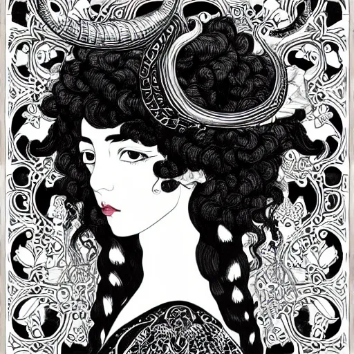 Prompt: filigree detailed illustration portrait of a profile of gypsy girl with long curly hair and big goat horns on her head, aubrey beardsley, tomer hanuka, makoto shinkai