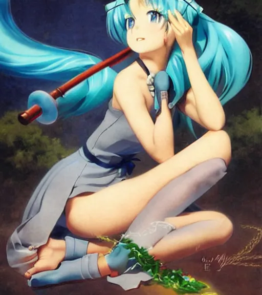 Prompt: Anime art very beautiful Hatsune miku by Gil Elvgren, Earl Moran, Enoch Bolles