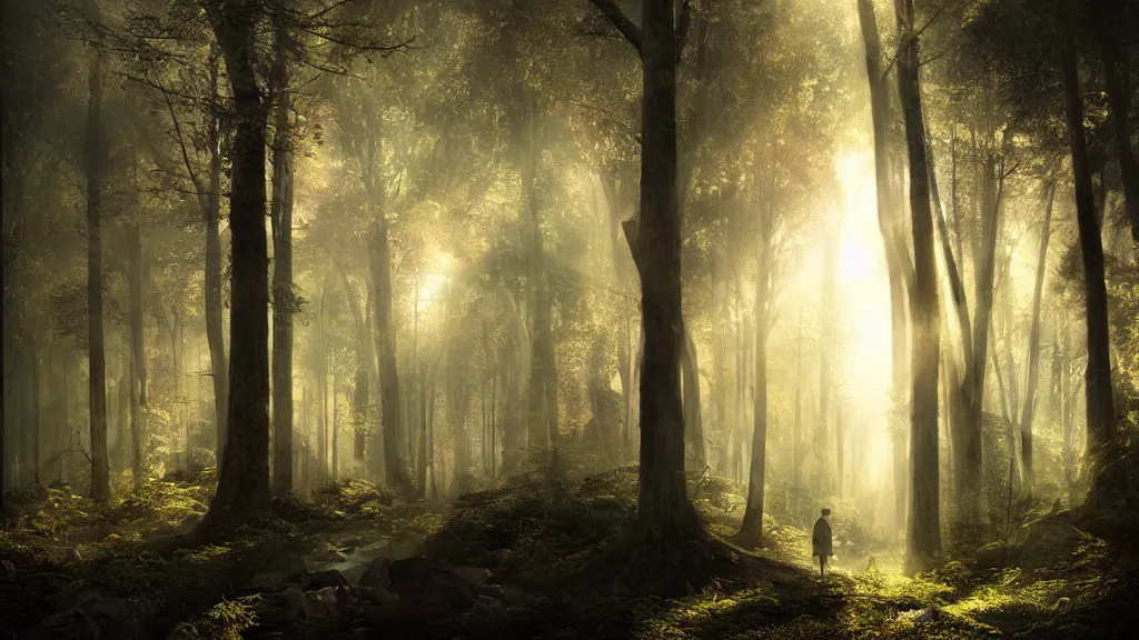 Image similar to a sunlit spot in the dark forest. andreas achenbach, artgerm, mikko lagerstedt, zack snyder, tokujin yoshioka