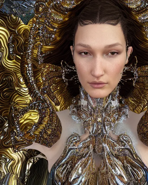 Image similar to a highly detailed metahuman 8 k close up render of bella hadid as surrealism renaissance in iris van herpen dress schiaparelli in diamonds crystals swarovski and jewelry iridescent in style of alphonse mucha gustav klimt trending on artstation made in unreal engine 4