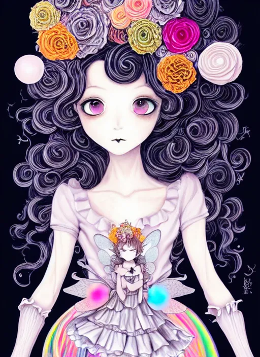 Prompt: dark fantastic illustration of beautiful girl witch with a robot, curls hair, rococo ruffles dress, rosette, symmetrical face, pastel rainbow, pearlescent, cute, fairy, rim light, detailed background, by mai yoneyama, rolua, manga, artstation, concept art, highly detailed, colorful, maximalist