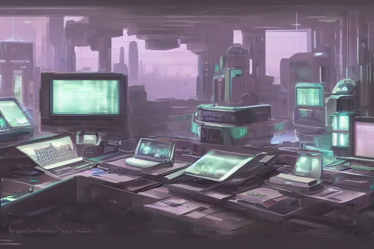 Image similar to stunning concept illustration of a retrofuturism cyberpunk bedroom full of computers, by ron cobb, hd, 4 k