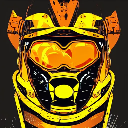 Image similar to helmet lion cyberpunk made of yellow lava and fire in borderlands 3 style, illustration, vector art, drawing, mecha, epic size, epic scale, macro art