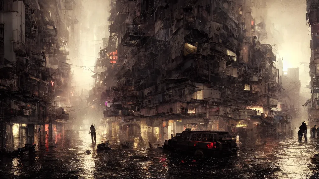 Image similar to dramatic Photorealistic, Matte Painting of a tug boat with bright head lights exploring a busy post apocalyptic flooded Hong Kong city street at night,dark Tall buildings by Greg Rutkowski,Craig Mullins,Hyperrealism,Beautiful dramatic moody lighting,Cinematic Atmosphere,Volumetric,VRay Rendering,8K