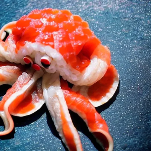 Image similar to an octopus gleefully transforms himself into sushi and sashimi