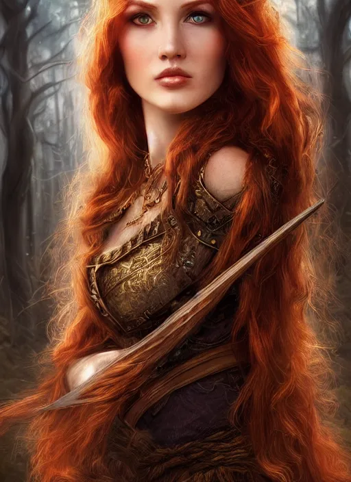 Image similar to a beautiful woman archer, 8 k, hyperrealistic, hyperdetailed, uhd, beautiful face, long ginger hair, dark fantasy, dark forest, fantasy portrait by laura sava