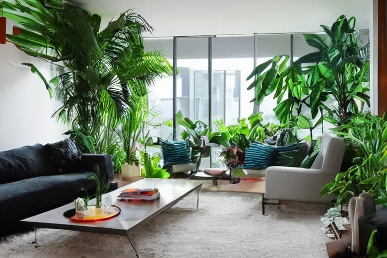 Image similar to tropical interior urban mangrove jungle inspiration modern apartment bachelor pad