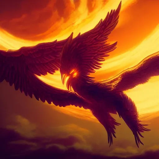 Image similar to phoenix flying in front of the moon, glowing light, fire, oil painting, octane render, greg rutkowski, 8 k
