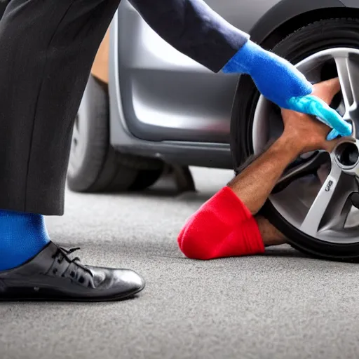 Prompt: 6 0 year old man wearing face mask and socks on his hand, changing the tire of a kia picanto, afternoon