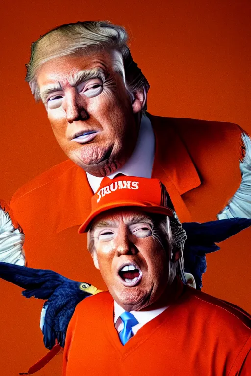 Image similar to Close-up portrait of Donald Trump in jail wearing orange clothes with an American bald eagle attacking him, octane, dramatic lighting, editorial photo, 35mm, very detailed