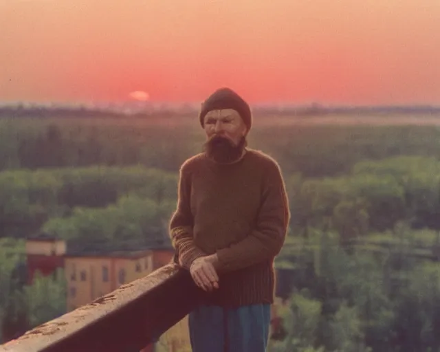 Image similar to award - winning lomographic tarkovsky film still of 4 0 years russian man with beard and sweater standing on small hrushevka 9 th floor balcony in taiga looking at sunset, cinestill, bokeh