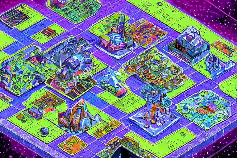 Image similar to isometric view, game board, cosmic horror game, in the style of Jack Kirby,