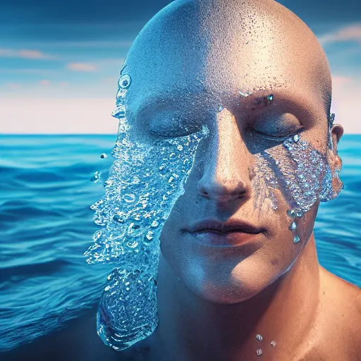 Image similar to water artwork manipulation in the shape of a human head, on the ocean water, ray tracing, realistic water sharp focus, long shot, 8 k resolution, cinematic, amazing water art