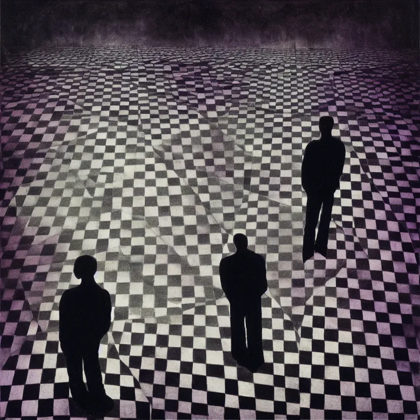 Image similar to two people standing on top of a checkered floor, an album cover by syd barrett, tumblr, neo - expressionism, darksynth, nightmare, cosmic horror