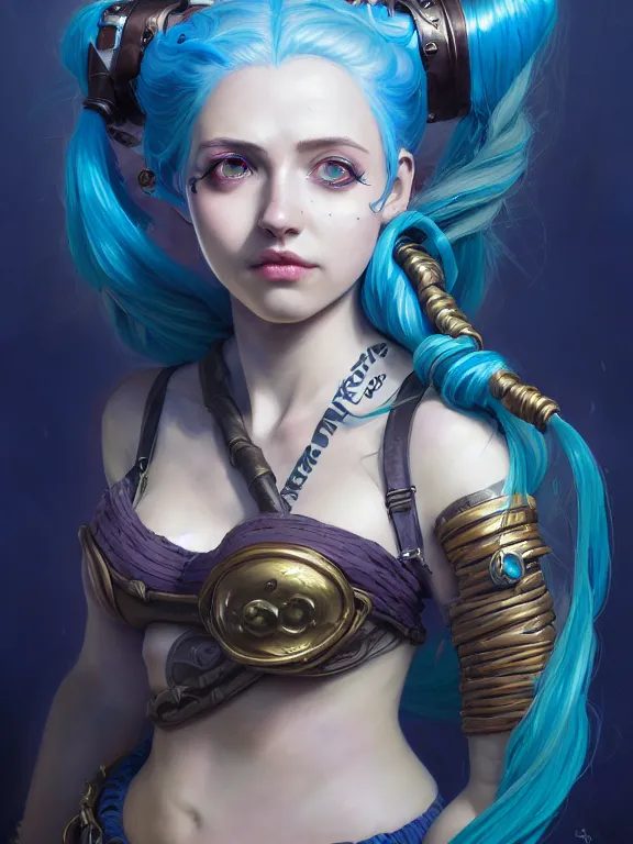 Image similar to a League of Legends FAN ART Portrait of JINX The Loose Cannon, blue hair, long pigtail, intricate, elegant, highly detailed, digital painting, concept art, smooth, sharp focus, illustration, by Laurie Greasley,Lawrence Alma-Tadema,Dan Mumford,artstation,deviantart,Unreal Engine,face enhance,8K,golden ratio,cinematic lighting