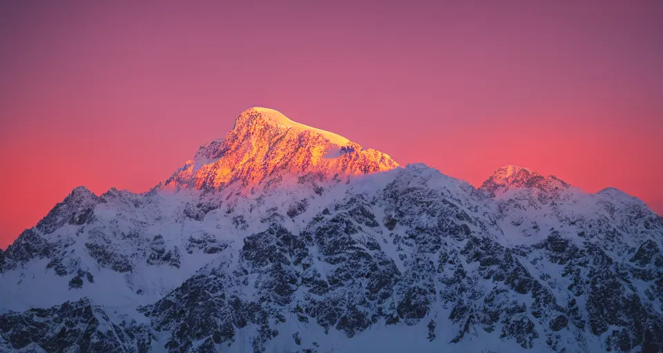 Image similar to professional photo of a snow topped mountain lit by the sunset