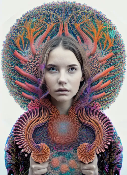 Prompt: ridiculously beautiful young woman thinking, psychedelics, nature, coral, birds, symmetrical, in the style of ernst haeckel, effervescent, sacred geometry, warm, surrealism, photo realistic, epic and cinematic,