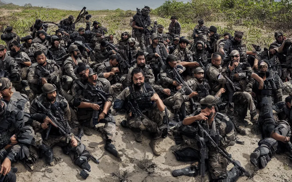 Image similar to heavily armed battalion of thirty drug cartel members, shoulder - to - shoulder, with fully decked - out equipment, long shot photography, harsh overhead sunlight, midday, summer, high - key lighting