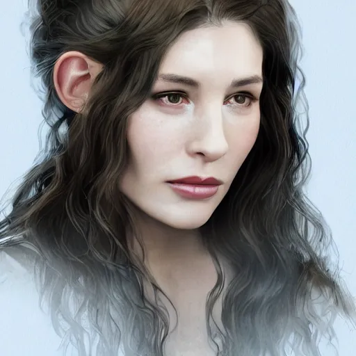 Prompt: 8 5 mm f 1. 8 portrait of a girl that is a mixture between liv tyler and carice van houten, she is about 2 5 years old, long curly hair, very tall and slender, she is wearing a elven robe, highly detailed, digital painting, artstation, concept art, smooth, sharp foccus ilustration, artstation hq