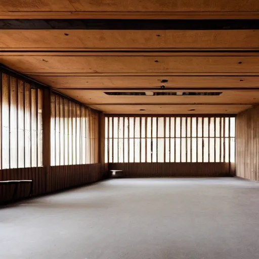 Image similar to interior of a wooden brutalist building