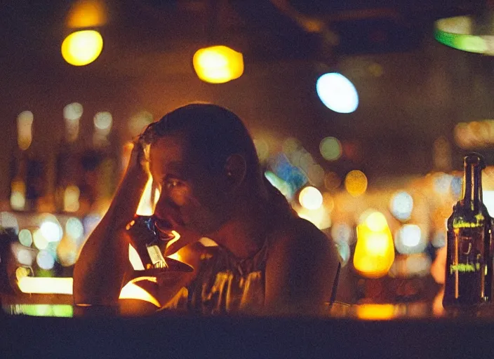 Image similar to a 2 8 mm macro kodachrome photo of a sad metallic cyborg with glowing lights getting drunk alone at a bar in the 1 9 5 0's, seen from a distance, bokeh, canon 5 0 mm, cinematic lighting, film, photography, golden hour, depth of field, award - winning