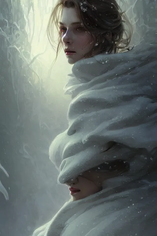 Prompt: a horrific creature pretending to be a person in a snowstorm, intricate digital painting artstation concept art smooth sharp focus illustration, art by artgerm and paul chadeisson and greg rutkowski and alphonse mucha