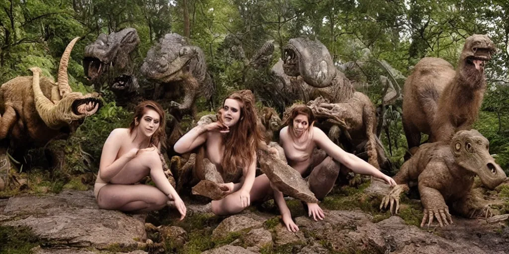 Prompt: photo, three hairy fat cave people, emma!! watson!!, looking at camera, surrounded by dinosaurs!, gigantic forest trees, sitting on rocks, bright moon, birthday cake on the ground, front view