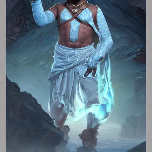 Image similar to robin williams as teferi, in the style of magic the gathering, glacier landscape, d & d, fantasy, intricate, elegant, highly detailed, digital painting, artstation, concept art, matte, sharp focus, illustration, art by artgerm and greg rutkowski and alphonse mucha