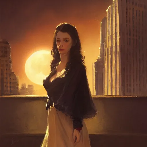 Prompt: portrait of a young vivian leigh, dramatic light, city background, night, moon, chiaroscuro, high detail, sharp, painted by greg rutkowski, painted by igor kieryluk, painted by bobby chiu, trending on artstation