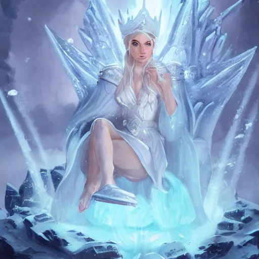 Image similar to ice queen sitting on the ice throne, epic fantasy style, in the style of Greg Rutkowski, hearthstone artwork