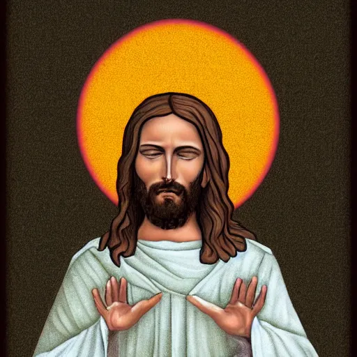 Image similar to jesus holding his right hand in his face, digital art