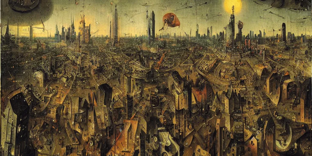 Image similar to view of a crowded cyberpunk city at night painted by hieronymus bosch, highly detailed, intricate, cyberpunk, colourful, night time, art by hieronymus bosch