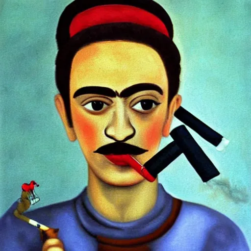 Image similar to mario smoking a cigarette painted by frida khalo