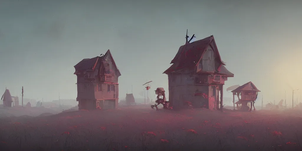 Image similar to an unseen, land of dead, war, wiped houses, detailed, cinematic landscape, atmospheric light, sky, dynamic angle, good composition, eccentric, mind bending, fantasy world, trending on artstation art by simon stalenhag