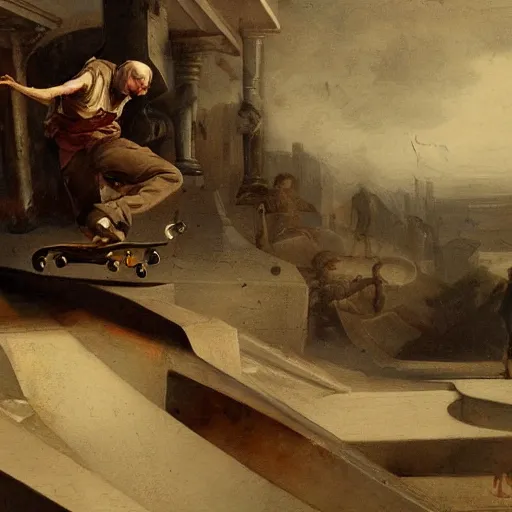 Prompt: close up death of the skateboarder painting dynamic very very detailed by hubert robert balanced