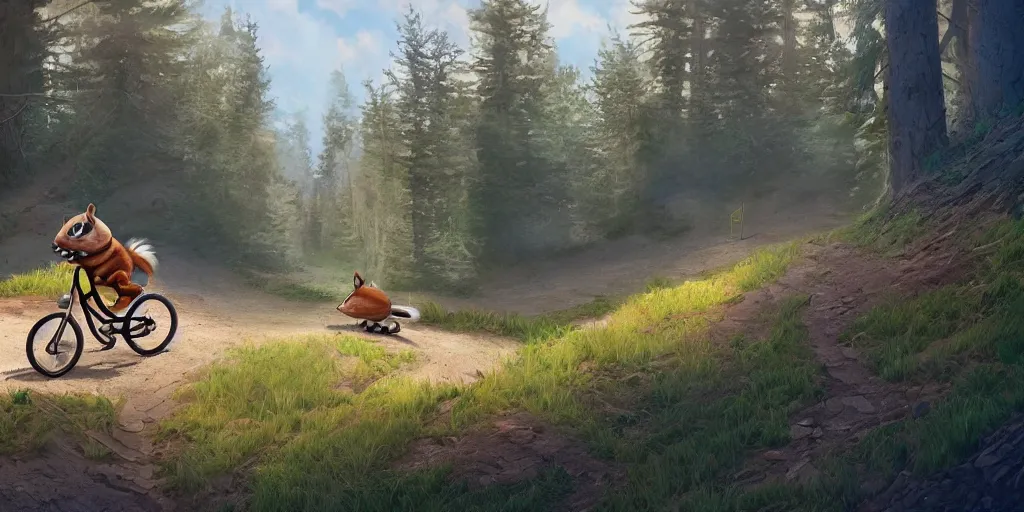 Prompt: A chipmunk riding a bike down a hill. Detailed digital matte painting in the style of simon stalenhag