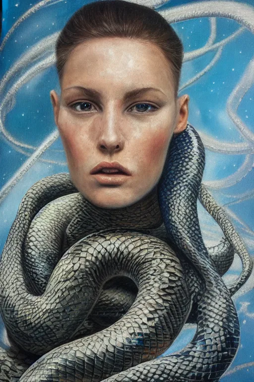 Image similar to hyperrealism oil painting, close - up portrait of face from a tangle of snakes fashion model, knight, steel gradient mixed with nebula sky, in style of baroque