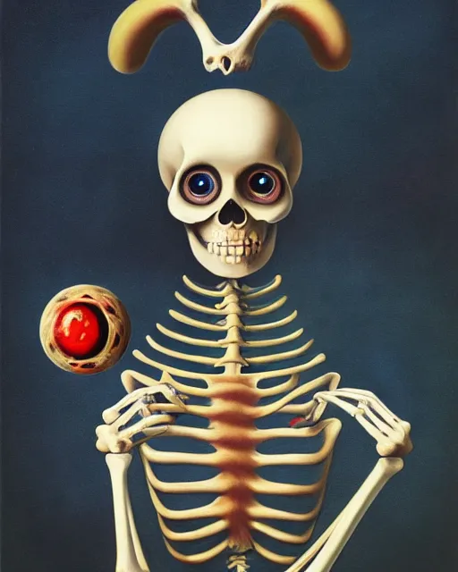 Prompt: a surrealistic head and shoulder painting of a gorgeous female skeleton with cat eyeballs and lipstick, in the style of rene magritte and mark ryden, digital art, detailed masterpiece