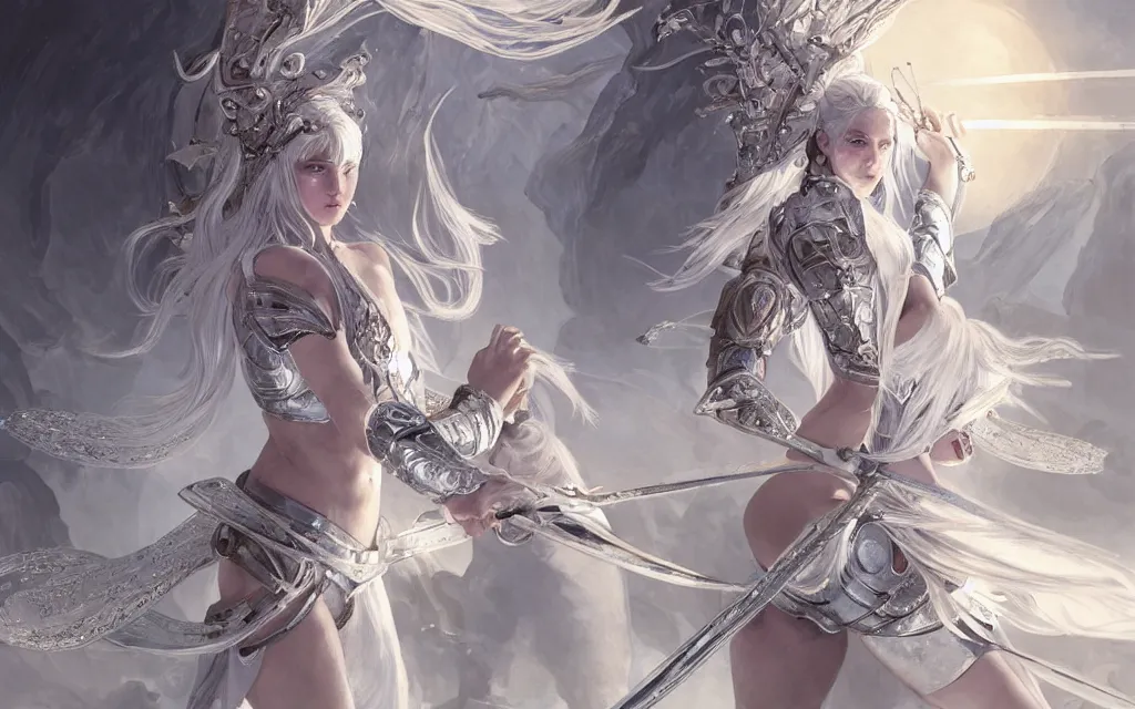 Image similar to white hair knights of zodiac girl, sliver ice color reflected armor, taekwondo fighting in ruined agora of athens sunset, ssci - fi and fantasy, intricate and very very beautiful and elegant, highly detailed, digital painting, artstation, concept art, smooth and sharp focus, illustration, art by tian zi and wlop and alphonse mucha