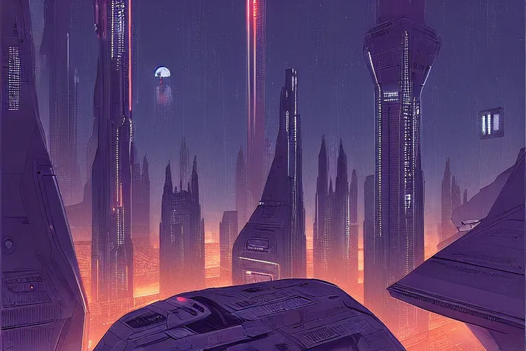 Image similar to a scifi illustration, Night City on Coruscant by robert hubert