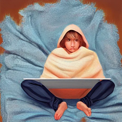 Image similar to he has his own blanket and he has already taken my blanket twice to hold his ipad on his lap mandy jurgens digital art, golden ratio, art canvas, award winning, masterpiece artstation 8 k 1 5 0 mpx