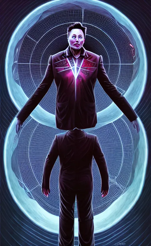 Image similar to a striking full body portrait of elon musk the eldritch god - creature, detailed artwork, realism, 4 k resolution, detailed, high quality, sharp focus, hq artwork, insane detail, volumetric lighting, character concept art, fine details, tarot card, clear subject