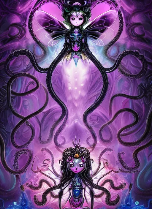 Image similar to A full shot of a dark fairy from the Abyss covered in opal. Symmetrical. Underwater. Lit from above. Dark foreboding Atmosphere. Sailor Moon. Tentacles. Kawaii. Neon glow. By Lisa Frank and HR Giger and Ross Tran. Key Art. Fantasy Illustration. award winning, Artstation, intricate details, realistic, Hyperdetailed, 8k resolution. Photoreal. Octane Render.