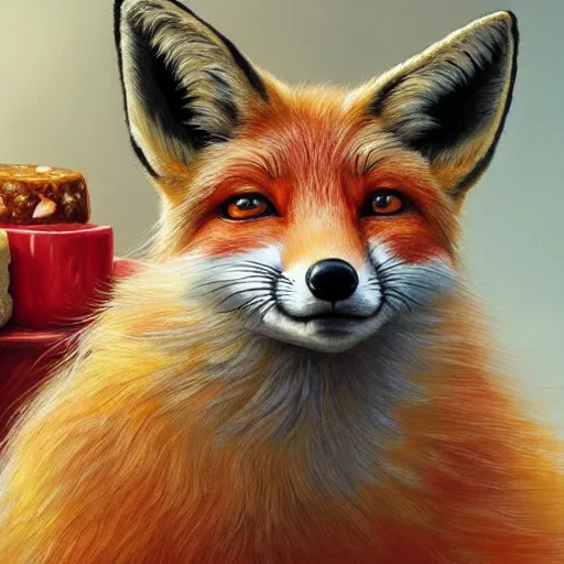 Image similar to perfectly-centered-Portrait-full-shot of a fox, wearing a santa hat, sitting next to a pile of cheese, intricate, elegant, super highly detailed, professional digital painting, artstation, concept art, smooth, sharp focus, no blur, no dof, extreme illustration, Unreal Engine 5, 8K, art by artgerm and greg rutkowski and alphonse mucha and loish and WLO