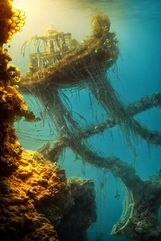 Image similar to high quality sharp photo of cinematic underwater dystopian byzantine city ruins with giant bioluminescent multicolor mutant plants and cyborg jellyfish, digital art masterpiece, aykut aydogdu eric zener, very dramatic volumetric light, long shot, ground angle uhd 8 k, deep focus