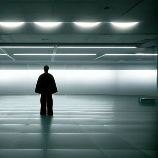 Prompt: a cinematic frame of a large empty dojo, night time, shot by roger deakins, dimly lit, low ceilings, beautiful futuristic architecture, chris nolan movie, good composition